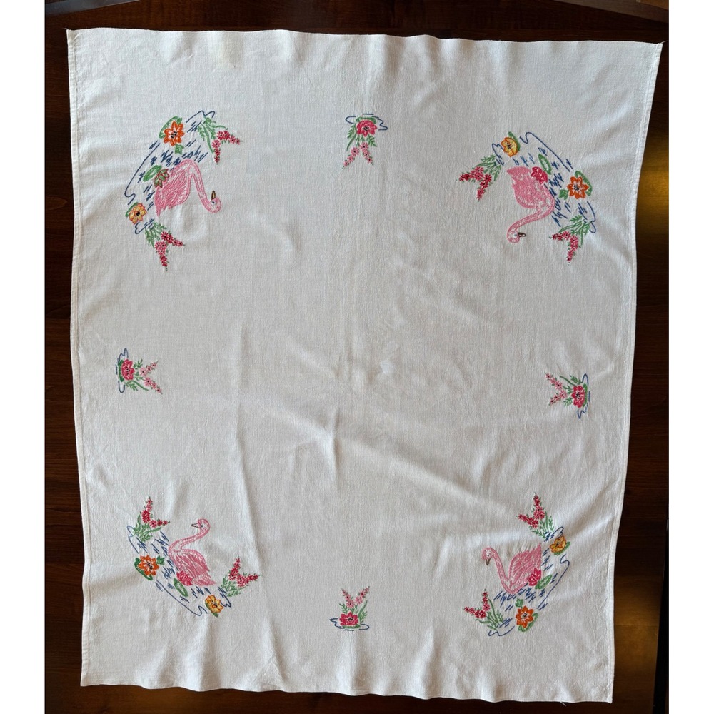 Vintage Embroidered Swan Tablecloth 1950s Pink Floral Cottagecore Kitsch 42x35